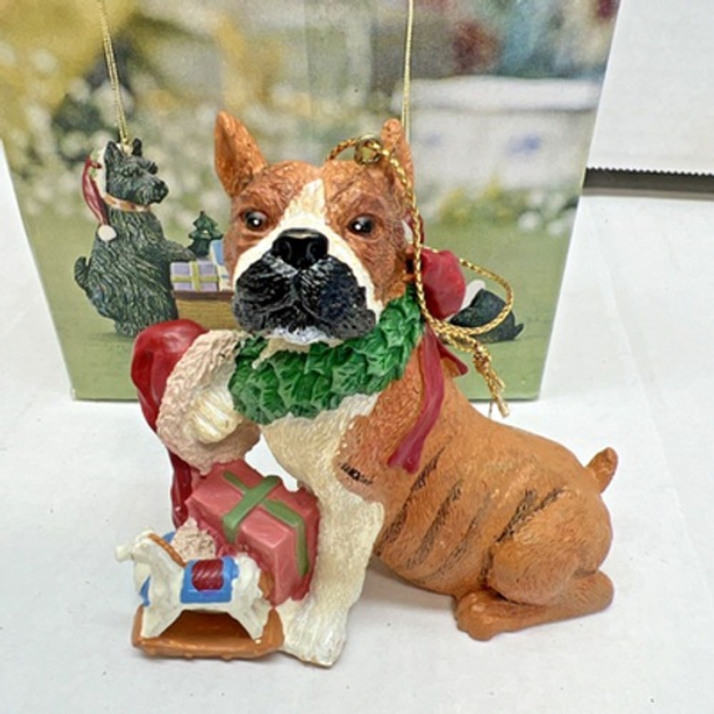Vintage Boxer Dog‎ Christmas Ornament Resin Wreath Santa Hat Kitsch Nostalgic